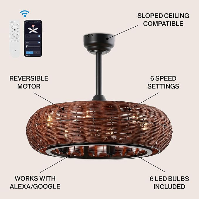 JONATHAN Y 23" Black 6-Light Modern Bohemian Ceiling Fan with Lights, 6-Speed Remote and App Control, Height Adjustable LED Lantern with Dark Brown Rattan Shade for Living Room JYL9728A