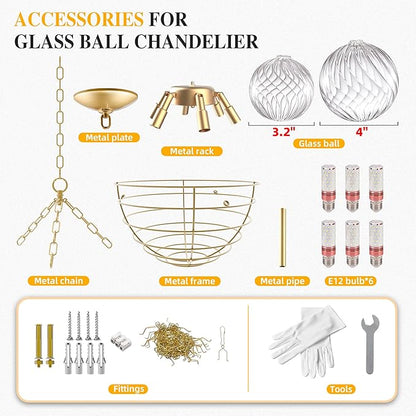 Longree Nordic Bubble Ball Swirled Glass Chandelier, Diam 24 inch Gild Gold and Clear Blown Glass Hanging Pendant Light Fixture for Bedroom Study Restaurant
