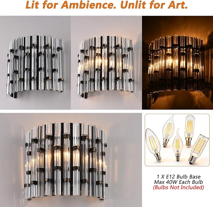 Luxury Wall Lamps & Sconces, 11 4/5" Vintage Crystal Glass Wall Light E12 for Bedroom, Living Room Background Staircase Hallway (Black)