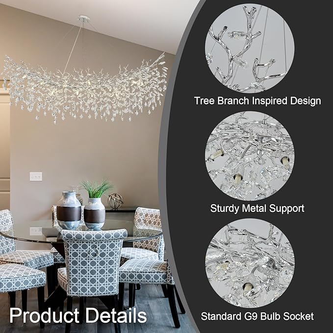 Modern Crystal Silver Chandeliers,63" Large Rectangular Dining Room Over Table Chandelier, Tree Branch Crystal Lving Room Chandelier for High Ceiling,Kitchen Island