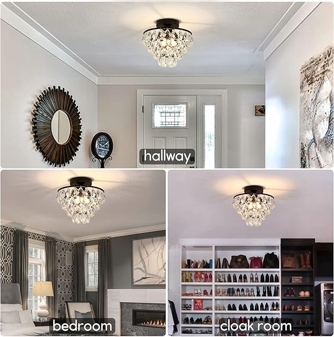 Luupyia Mini Crystal Chandelier Ceiling Light Small, Modern Crystal Ceiling Light for Hallway Overhead Fixtures Semi Flush Mount Mini Black Chandelier for Bedroom Hall Living Room Hallway