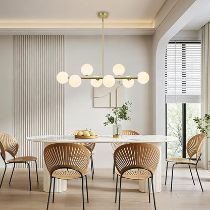 Mid Century Linear Chandeliers for Dining Room, 8-Light Modern Sputnik Chandeliers 37" Gold Chandelier Dining Room Light Fixture White Glass Globe Chandelier Island Lights, Electroplated Brass