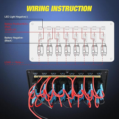 Nilight 8 Gang Rocker Switch Panel Waterproof Pre-Wired Marine with Resettable Circuit Breaker LED Backlight 5A 10A 15A Breakers 12V 24V ON Off 3 PIN Toggle Switches for Car Truck Boat RV