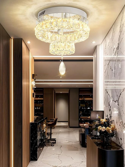 Flashing God Dia 12" Mini Chandelier Modern Crystal Chandeliers for Hallway Silver Flush Mount Ceiling Light Modern Chandeliers Lighting for Bedroom Staircase Kitchen