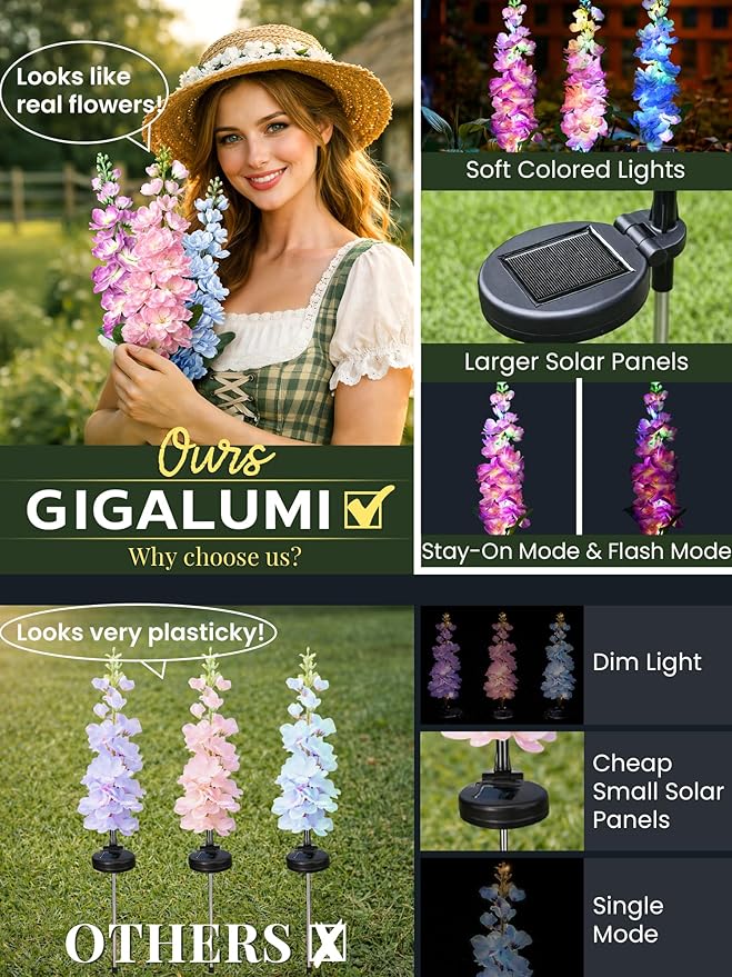 GIGALUMI Solar Lights Outdoor for Garden Decor, 3 Pack Solar Flower Lights Waterproof, 2 Lighting Modes Delphinium for Pathway,Yard, Patio Decoration, Gardening Gifts for Women (Multi-Colored)
