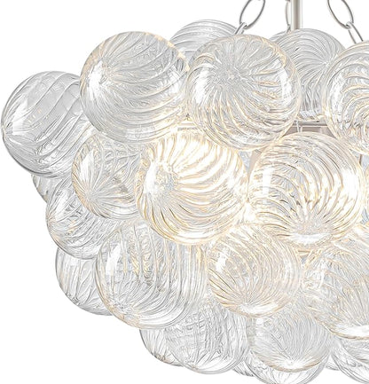 Hand Blown Glass Bubble Ball Chandelier White Finish 20" Small Pendant Lights Art Deco Cluster Swirled Ribbed Globe Blown Glass Chandeliers for Dining Room Bathroom Entry Bedroom