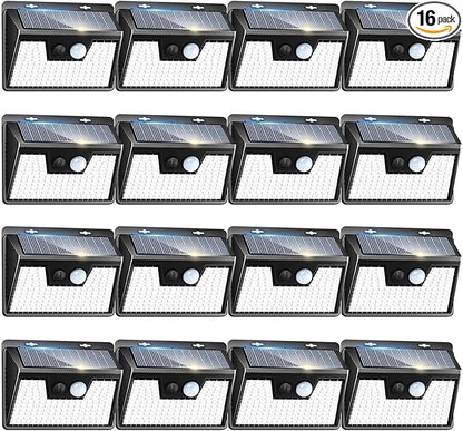 Peasur Solar Powered Lights Outdoor, 140LED 16Pack Motion Sensor Light Outside, IP65 Waterproof Fence Security Lighting with 3 Modes for Yard Wall Garden Cool White