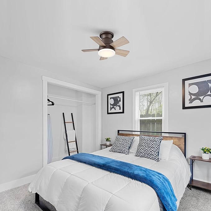 24" Mini Flush Mount Ceiling Fan with Light and Remote, 5-Blade Small Ceiling Fan for Bedroom Kitchen Office, Reversible AC Motor, Hugger Low Profile Fan with 3000K LED Light，Antique Brass