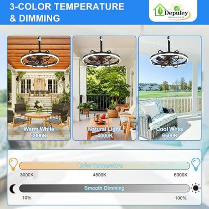Depuley 20" Outdoor Ceiling Fan with Lights, Walnut and Black Waterproof Gazebo Hanging Fan with Remote App Control, Dimmable Plug in Caged Outdoor Ceiling Fans for patios Porch 6-Speeds