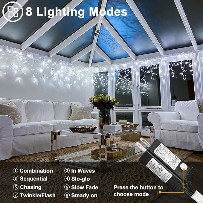 99ft 1216LED Icicle Lights for Outside, White Christmas Lights for House Patio Yard Porch Backyard Holiday Garden Xmas Exterior Decoration, Waterproof Twinkle Cluster Light Hanging Light All Year