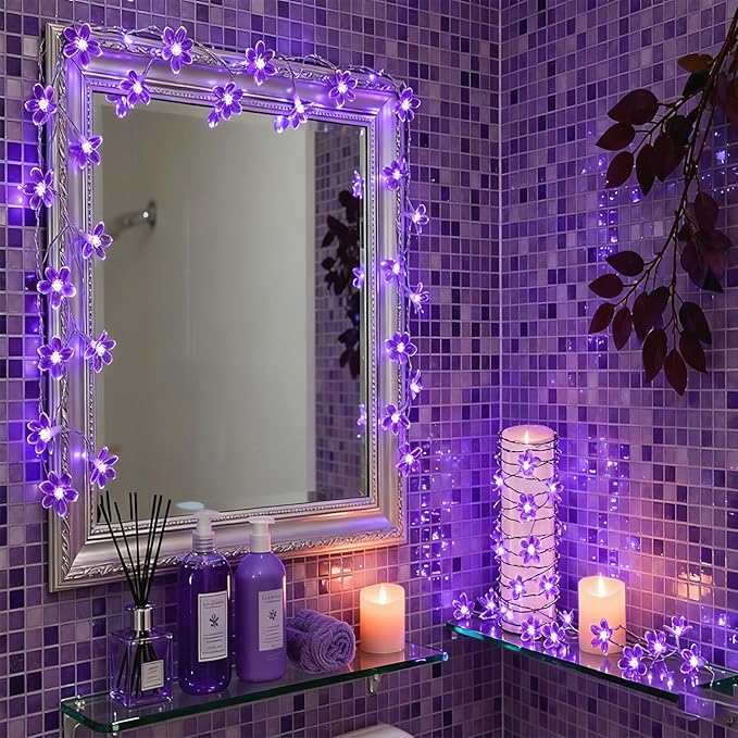 JACUXLSS Decorative Flower String Lights, 33ft 100 LED Clear Wire Plug in Fairy Lavender Cherry Blossom Easter Christmas Hanging Decorations, Violiet Wedding Party Indoor Outdoor Decorations (Purple)