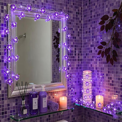 JACUXLSS Decorative Flower String Lights, 33ft 100 LED Clear Wire Plug in Fairy Lavender Cherry Blossom Easter Christmas Hanging Decorations, Violiet Wedding Party Indoor Outdoor Decorations (Purple)