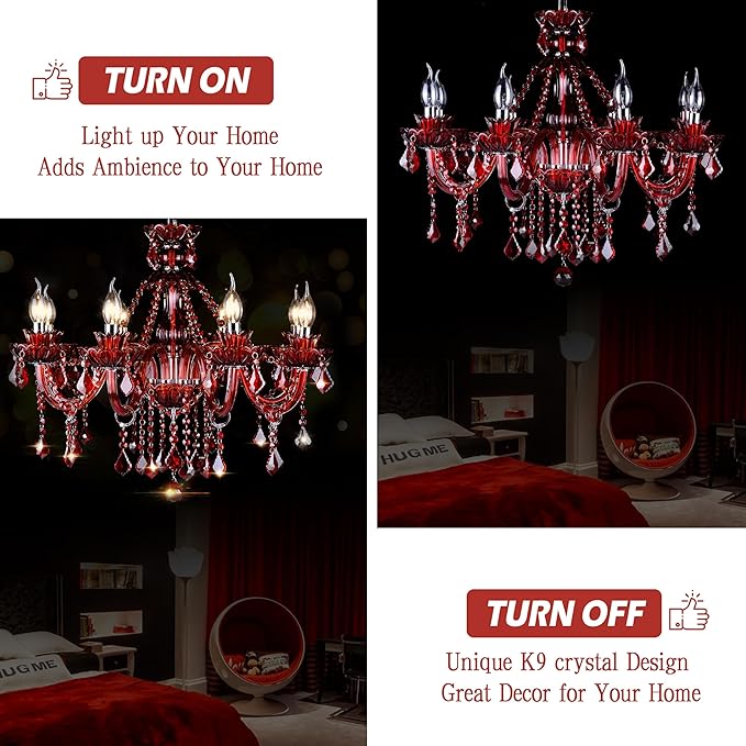 Bagood Red 8 Lights K9 Crystal Candle Chandeliers Lighting K9 Crystal Candle Chandeliers Crystal Modern Chandelier for Dining Living Room Bedroom Entry Elegant Decoration E12 Base, H22.8 x W27.2