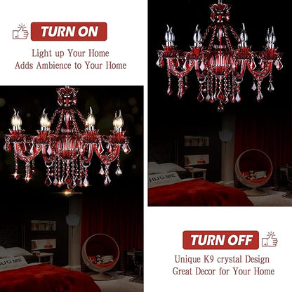 Bagood Red 8 Lights K9 Crystal Candle Chandeliers Lighting K9 Crystal Candle Chandeliers Crystal Modern Chandelier for Dining Living Room Bedroom Entry Elegant Decoration E12 Base, H22.8 x W27.2