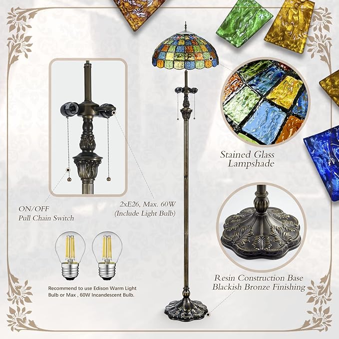 Tiffany Floor Lamp,Crystal Square Style Stained Glass Floor Lamp,Tiffany Style Standing Lamp W16H70 Inch Antique Pole for Living Room, Study,Office Lighting and Reading,Zipper Switch Control