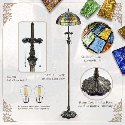 Tiffany Floor Lamp,Crystal Square Style Stained Glass Floor Lamp,Tiffany Style Standing Lamp W16H70 Inch Antique Pole for Living Room, Study,Office Lighting and Reading,Zipper Switch Control