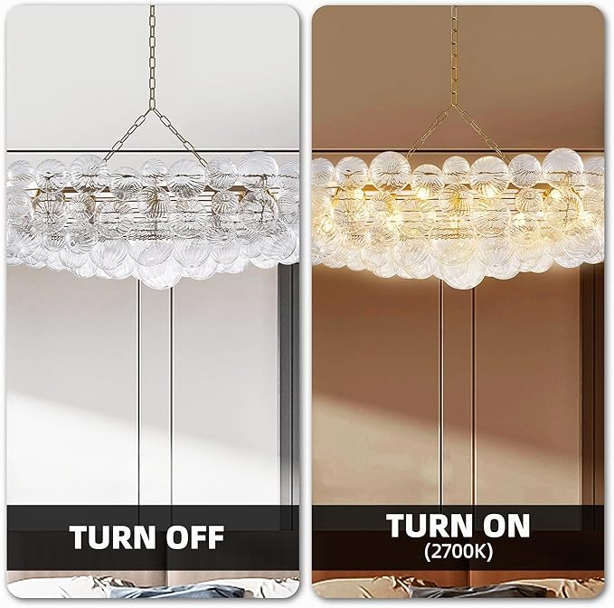Longree Nordic Bubble Ball Swirled Glass Chandelier Long 50 inch Rectangular Island Light Fixture Gold and Clear Blown Glass Lighting for Dining Table, Living Room
