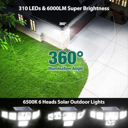 Solar Lights Outdoor, 6000LM 310 LEDs Dual Motion Sensor Solar Flood Lights 6 Heads Security Wall Lights, IP65 Waterproof, Remote Control for Garden, Outside, Backyard, 2 Pack