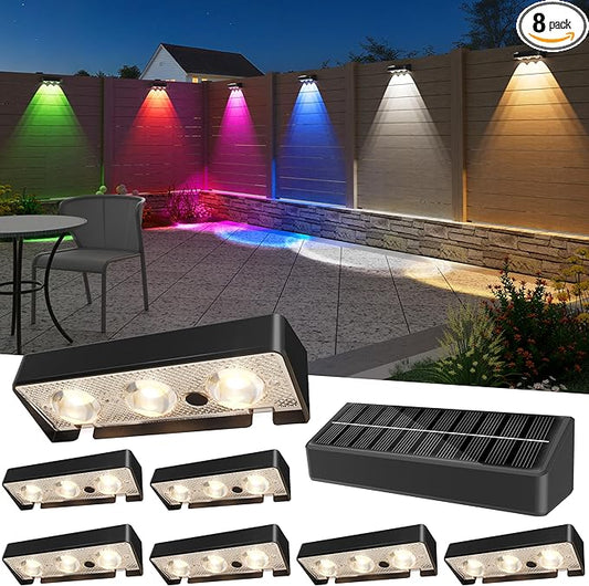 JOFIOS Solar Fence Lights Outdoor, 8 Pack, 9 Fixed Colors ＆ Color Changing Fence Lights Solar Powered Waterproof IP65 Dusk-to-Dawn LED Deck Lighting for Patio, Railing, Pool, Porch, Backyard, Wall