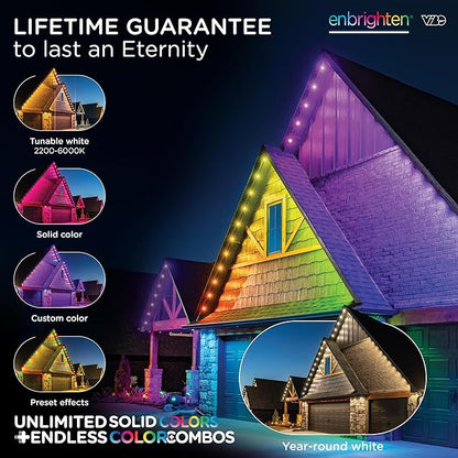 Enbrighten Eternity Permanent Outdoor Lights, 100ft with 72 RGBWIC LED Lights, App‑Controlled, Cuttable, Christmas, Accent & Year‑Round Eave Lighting, Works with Alexa & Google Home, 81103
