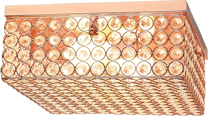 Elegant Designs FM1004-RGD Elipse Crystal 12 Inch Modern Metal 2 Light Squared Ceiling Flush Mount Fixture, Rose Gold