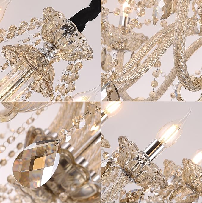 Cognac Crystal Chandelier 18-Light for Living Room ，Modern K9 Crystal Chandeliers Lighting Pendant Light Fixtures for Dinning Room Staircase Lobby Foyer(Cognac 18 Lights)