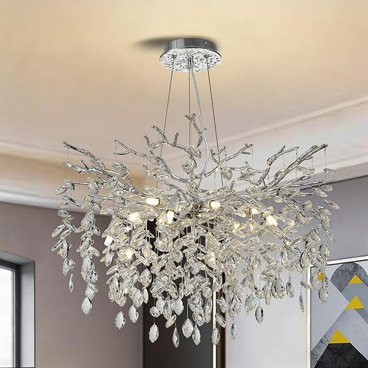 Modern Crystal Tree Branches Chandelier, 30in Silver 10 Lights Large Ceiling Hanging Light for Dining Room, Round Raindrop Pendant Light Fixture