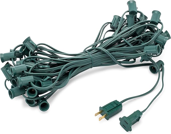 HLO Lighting C9 Light Strings | 25' Green Cord with 12" Socket Spacing, E17 Light Stringer for C9 Christmas Lights