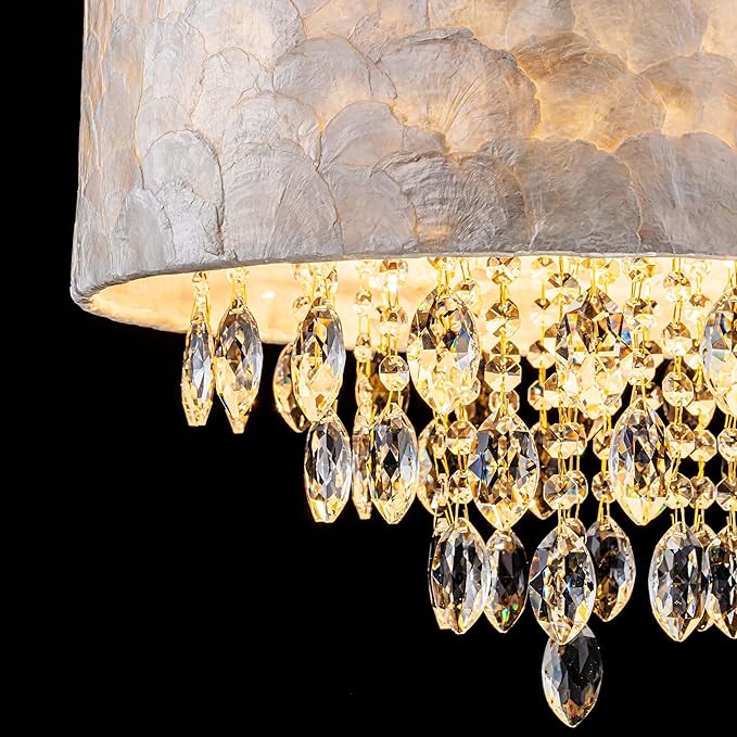 4-Light Drum Capiz Shell K9 Crystal Chandelier, Coastal Style Pendant Light Fixture for Dining Room, Living Room, D17.7 x H21~68 inch (Adjustable), Clear Crystal & Brass Finish