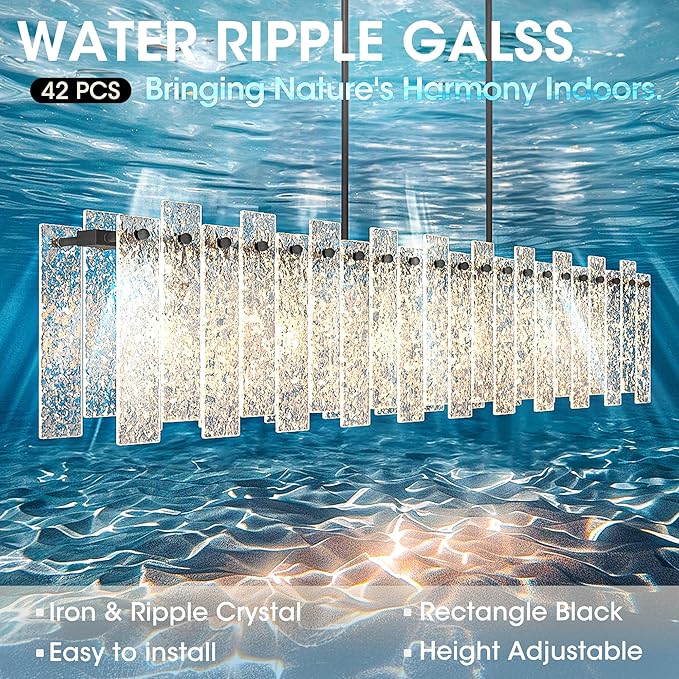 Modern Black Rectangle Chandelier, 48" Dining Room Chandelier with Water Ripple Glass, Staggered Design, Linear Crystal Chandeliers for Dining Room, Living Room, Kitchen Island