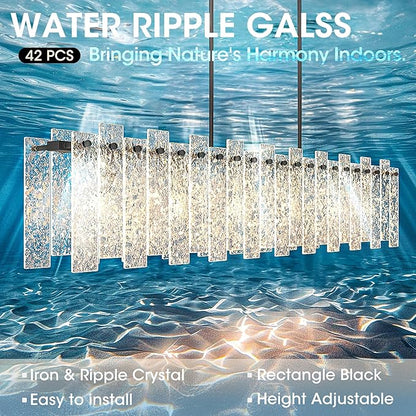 Modern Black Rectangle Chandelier, 48" Dining Room Chandelier with Water Ripple Glass, Staggered Design, Linear Crystal Chandeliers for Dining Room, Living Room, Kitchen Island