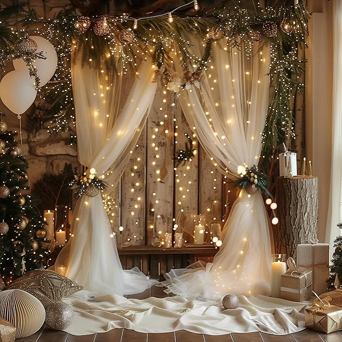 Fomcet Tulle Backdrop Curtains with Lights String 10FT X 8FT Champagne Sheer Curtain with Lights Tulle Curtains Backdrop for Wedding Birthday Party Photo Shoot (2 Panels 5x8FT)