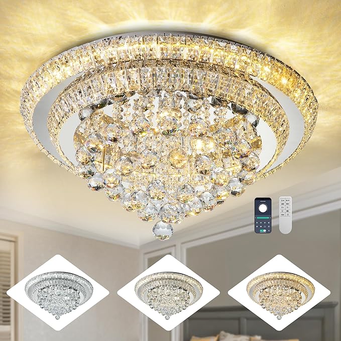 Miuyhji Elegant LED Crystal Raindrop Ceiling Light, 24" Flush Mount Chandelier Light Fixture with Remote Control for Living Room, Kitchen, Island, Bedroom, Hallway Entryway Foyer(Dimmable)