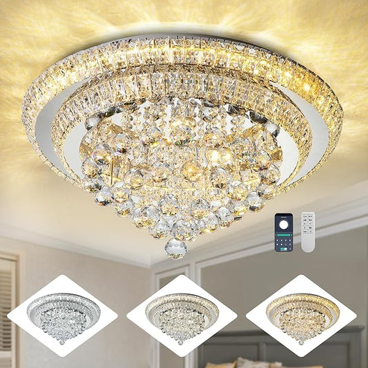 Miuyhji Elegant LED Crystal Raindrop Ceiling Light, 24" Flush Mount Chandelier Light Fixture with Remote Control for Living Room, Kitchen, Island, Bedroom, Hallway Entryway Foyer(Dimmable)