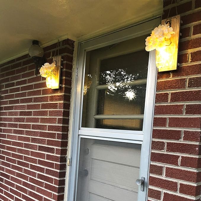 Mason Jar Wall Sconces Set of Two, Wall Deco Cute Wall Decor with LED Fairy Lights, Art for Living Room Modern Decorations, House Decor, Rustic Brown