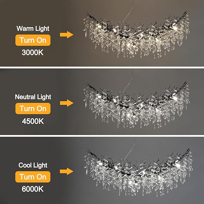 Modern Crystal Tree Branches Chandelier, 47.5in Black 12 Lights Large Ceiling Hanging Light for Dining Room, Arc Raindrop Pendant Light Fixture