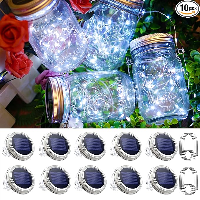 Mason Jar Solar Lights 30 LED, 10 Pack Hanging Solar Lanterns Outdoor, Waterproof Fairy Lights for Patio Garden, Wedding, Yard - Cool White