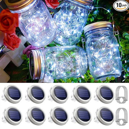 Mason Jar Solar Lights 30 LED, 10 Pack Hanging Solar Lanterns Outdoor, Waterproof Fairy Lights for Patio Garden, Wedding, Yard - Cool White