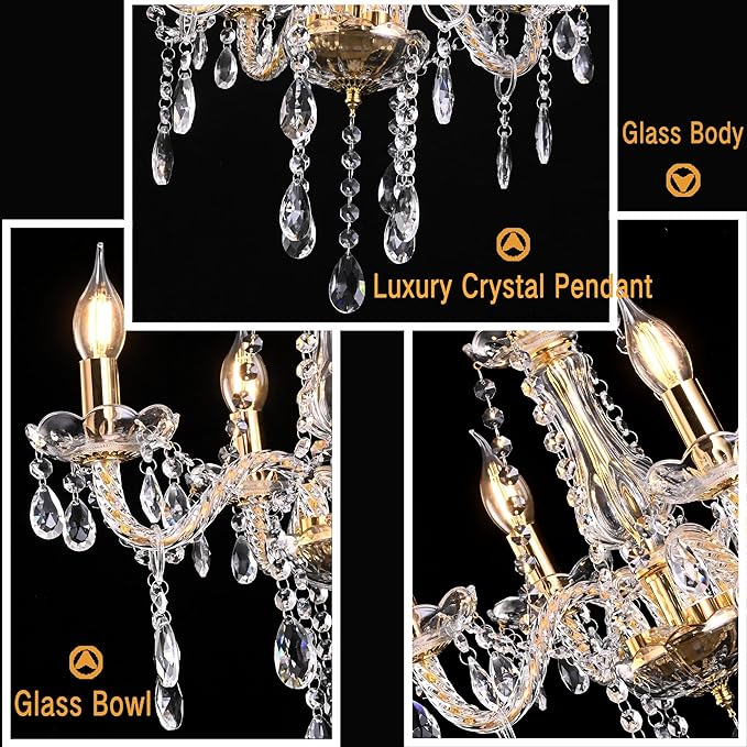 MALOSA Small Gold Crystal Chandeliers,Classic 4 Lights Mini Chandelier,Antique Candle Glass Chandelier for Dining Room,Girls Bedroom,Living Room
