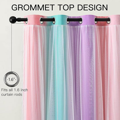 XiDi 100% Blackout Curtains for Girls Bedroom 63 Inches Long 2 Panels Colorful Rainbow Nursery Kids Curtains with Sheer Overlay Unicorn Wall Decor Princess Grommet Drapes Pink Purple Green 52W x 63L