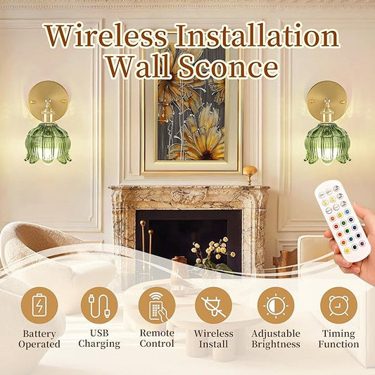 Wireless Wall Sconce with Flower lampshade, Battery Operated Wall Lights,Wall lamp with 15 Colors for Bedroom Living Room Home Decor (Green, 2 Light Battery Operated)