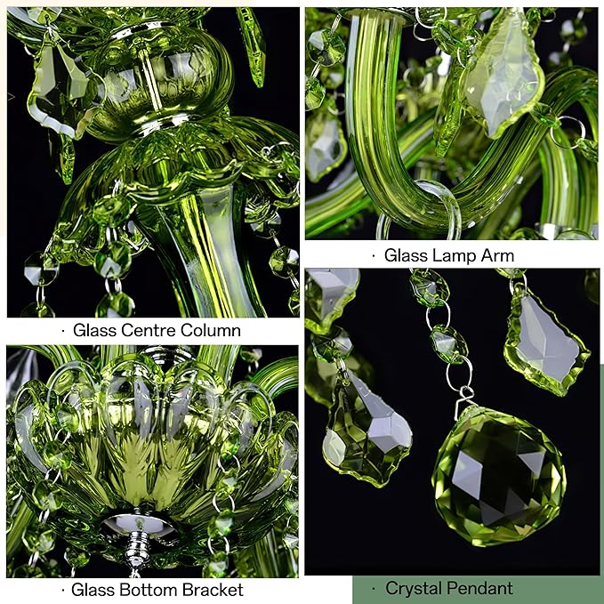 Bagood 6 Lights Green K9 Crystal Candle Chandeliers Lighting Modern Pendant Lights Ceiling Fixture Lamp for Dining Living Room Bedroom Hallway Entry Elegant Decoration E12 Base, H20.5 x W23.6 Inch