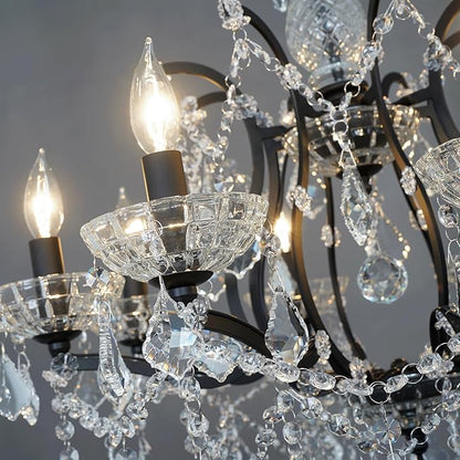 8-Light Crystal Chandelier Black Finish Modern Luxury Antique Flush Mount Chandelier with Crystal Drops Prisms Beads, Elegant Dining Room Living Room Entryway Foyer Ceiling Light Fixture