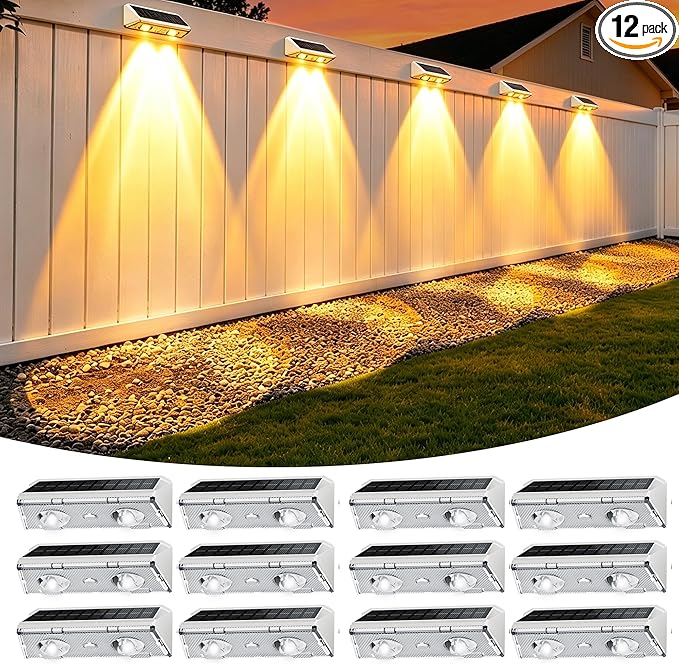 Solar Fence Lights Outdoor, 12 Pack IP65 Waterproof Fence Lights Solar Powered with Ultra-Bright LED Lens, 9 Color Modes, 12+ Hours Steady Glow for Deck/Backyard/Patio/Pool/Wall - White