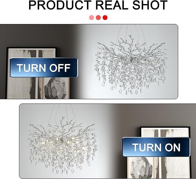 Modern Crystal Tree Branches Chandelier, 23.5in Silver 8 Lights Large Ceiling Hanging Light for Dining Room, Round Raindrop Pendant Light Fixture