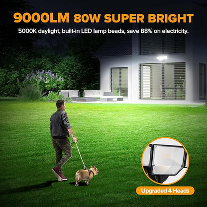 LUTEC 80W 9000LM Flood Lights Outdoor, Hardwired Switch Controlled LED Security Lights with 4 Heads, IP65 Waterproof, 5000K Daylight for Garage, Yard, Patio (Black)