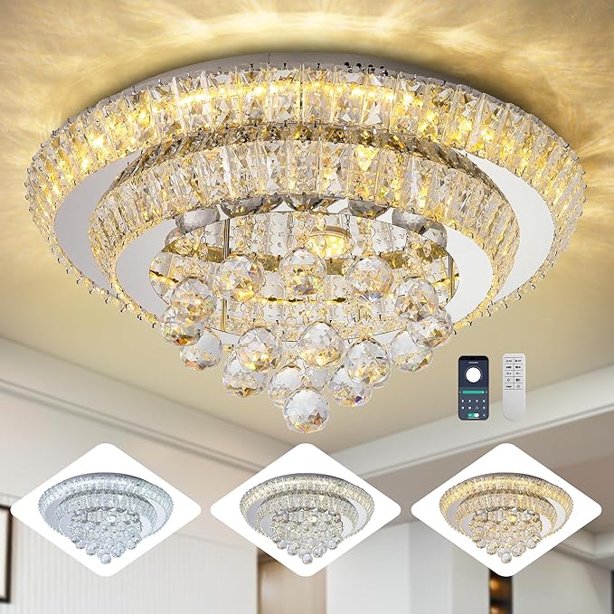 Miuyhji Elegant LED Crystal Raindrop Ceiling Light,20" Flush Mount Chandelier Light Fixture with Remote Control for Living Room Kitchen Island Bathroom Bedroom Hallway Entryway(Dimmable)