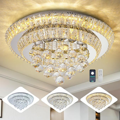 Miuyhji Elegant LED Crystal Raindrop Ceiling Light,20" Flush Mount Chandelier Light Fixture with Remote Control for Living Room Kitchen Island Bathroom Bedroom Hallway Entryway(Dimmable)
