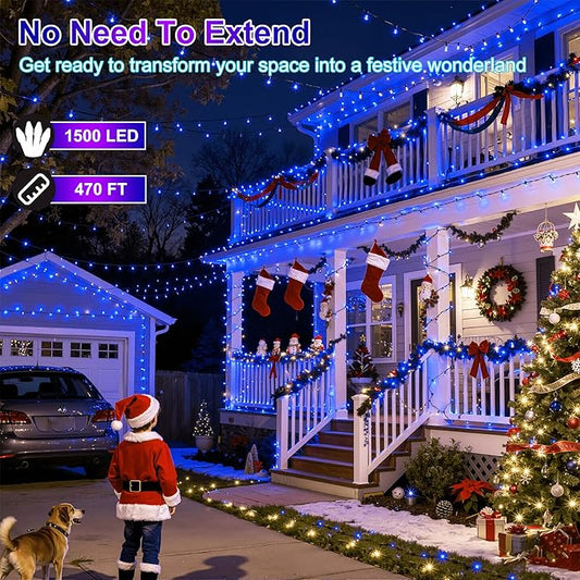 470FT 1500LED Christmas Lights, 12 Modes Blue Outdoor String Lights with Timer & Dimmable, Waterproof Green Wire Christmas String Lights for Indoor Tree Xmas Patio Fence Balcony Garden Party Decor