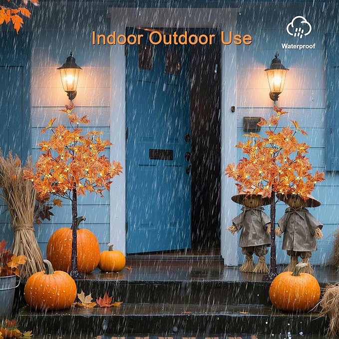 LIGHTSHARE 2PCS 4FT 144LED(72LED Each) Artificial Lighted Maple Tree Warm White Halloween Fall Decorations Indoor Outdoor, Orange